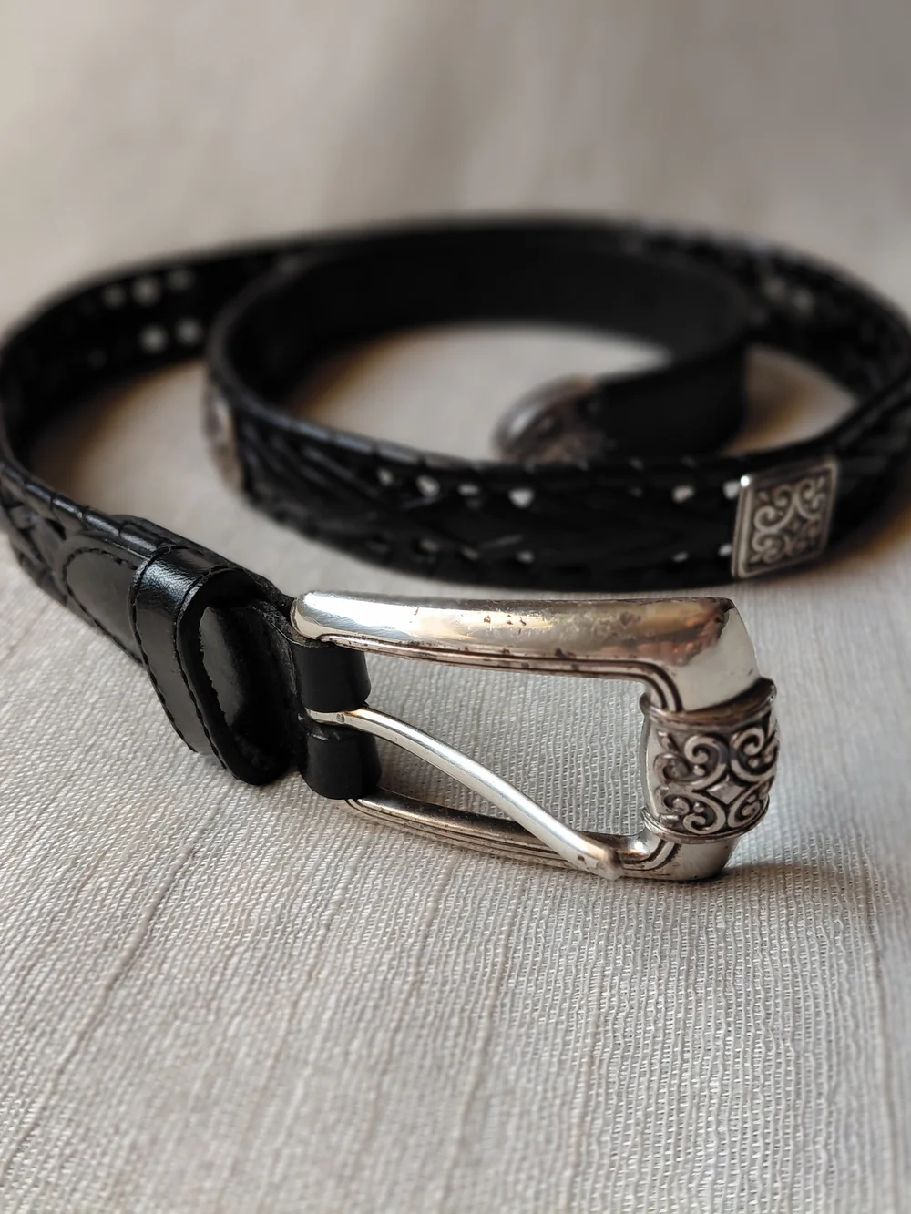 Vintage Fossil Black Braided Leather Belt Silver Ornate Buckle Small BT7869